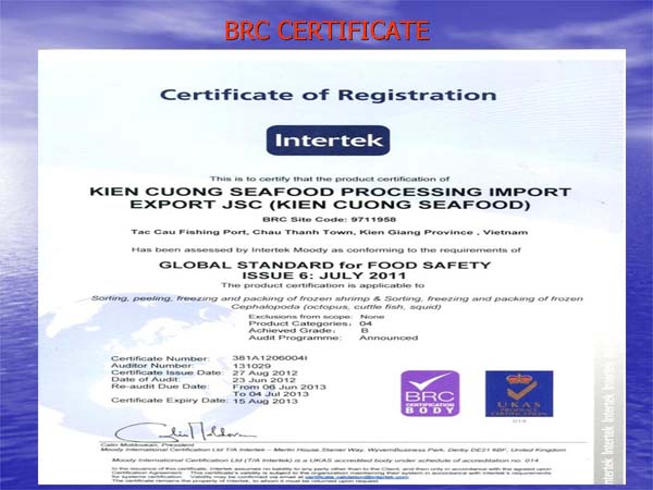 BRC CERTIFICATE - Công Ty CP Chế Biến Thủy Sản XNK Kiên Cường